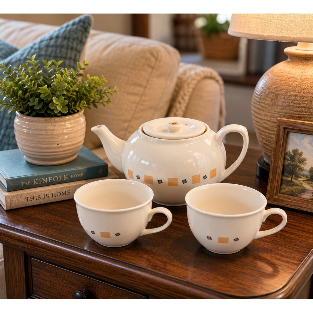 Liz Claiborne Cream Ceramic Teapot and 2 Cups Geometric‎ Square Pattern